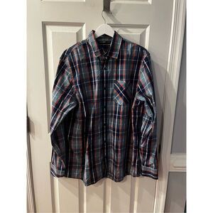 Livergy Blue & Orange Plaid Back Snap Down Button Shirt sz L EUC